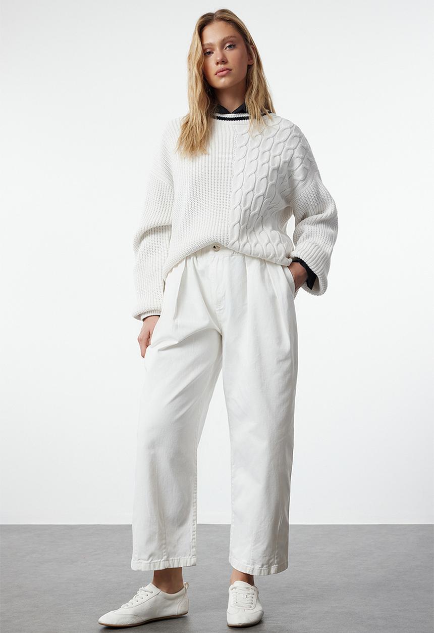 Trendyol - Elastic Waist High Waist Barrel Trousers - White