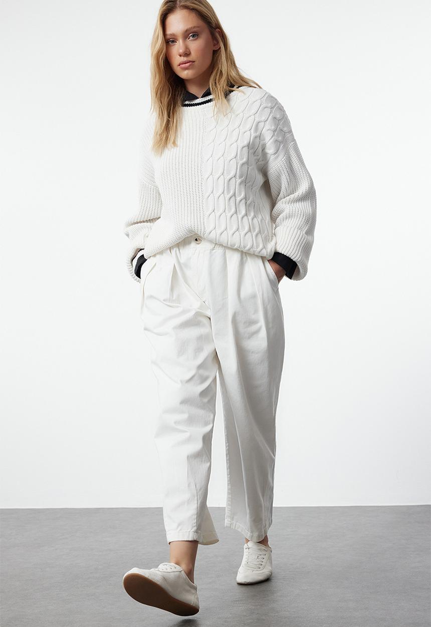 Trendyol - Elastic Waist High Waist Barrel Trousers - White