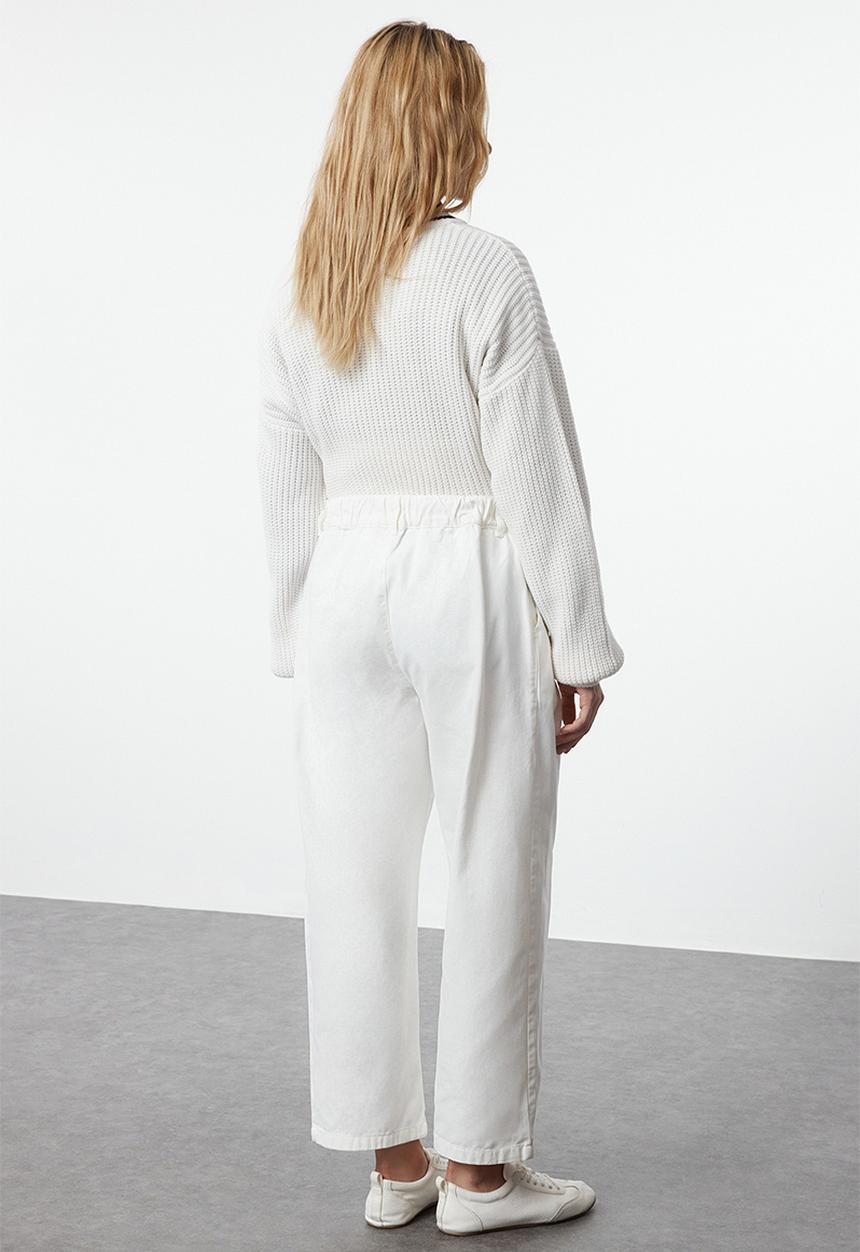 Trendyol - Elastic Waist High Waist Barrel Trousers - White