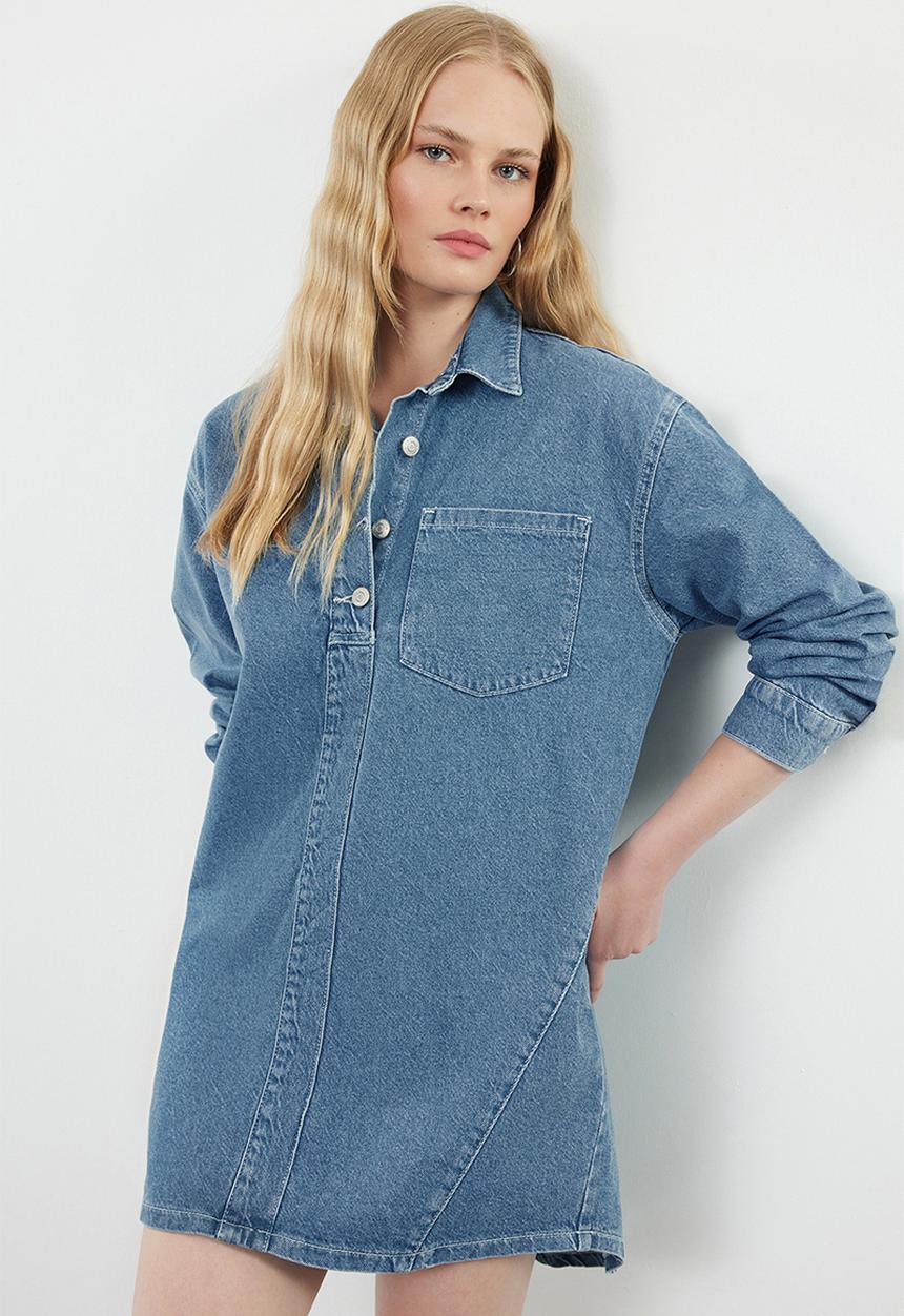 Trendyol - Stitching Detailed Mini Denim Dress - Blue
