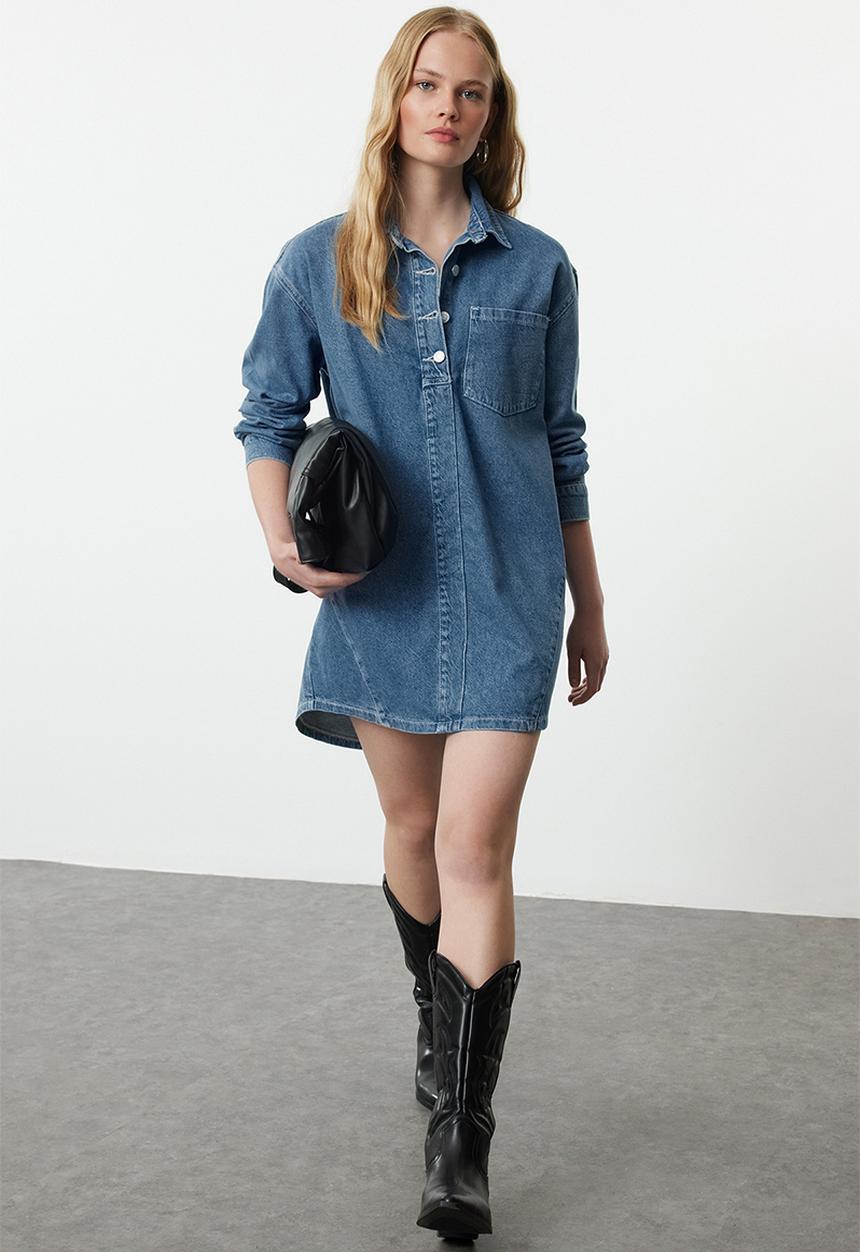 Trendyol - Stitching Detailed Mini Denim Dress - Blue