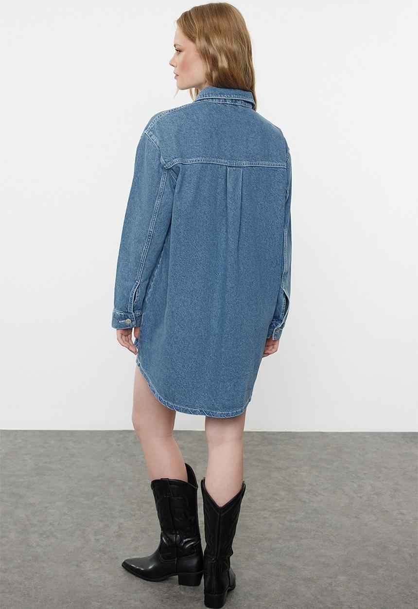 Trendyol - Stitching Detailed Mini Denim Dress - Blue