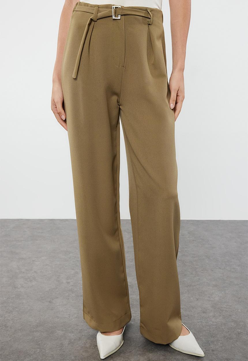 Trendyol - Belt detailed straight cut woven trousers - light khaki