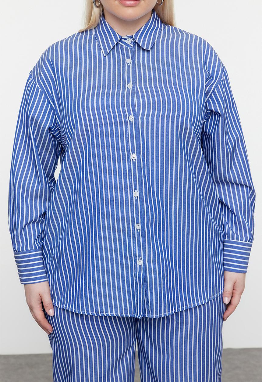 Trendyol - Plus Striped Shirt & Pants Set - Navy Blue