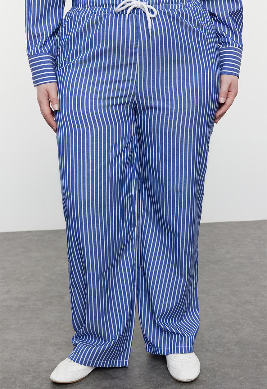 Trendyol - Plus Striped Shirt & Pants Set - Navy Blue