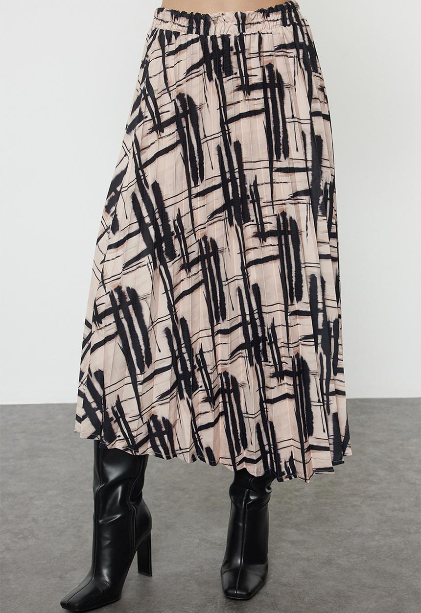 Trendyol - Pleated Satin Midi Skirt - Beige & Black 