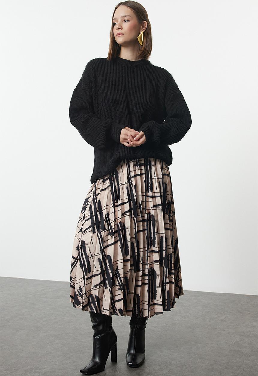 Trendyol - Pleated Satin Midi Skirt - Beige & Black 