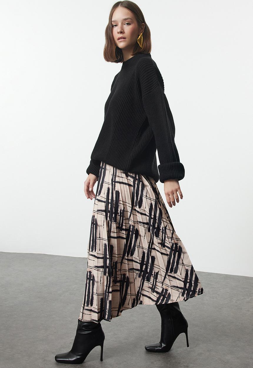 Trendyol - Pleated Satin Midi Skirt - Beige & Black 