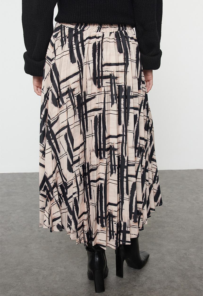 Trendyol - Pleated Satin Midi Skirt - Beige & Black 
