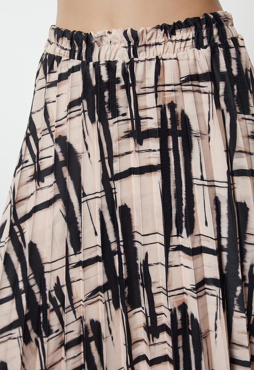 Trendyol - Pleated Satin Midi Skirt - Beige & Black 