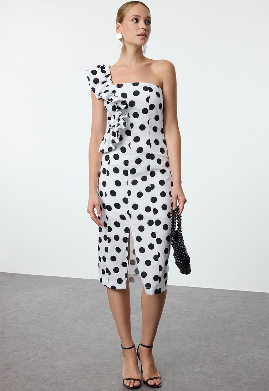 Trendyol - Polka Dot Detailed Woven Chic Evening Dress - Black & White
