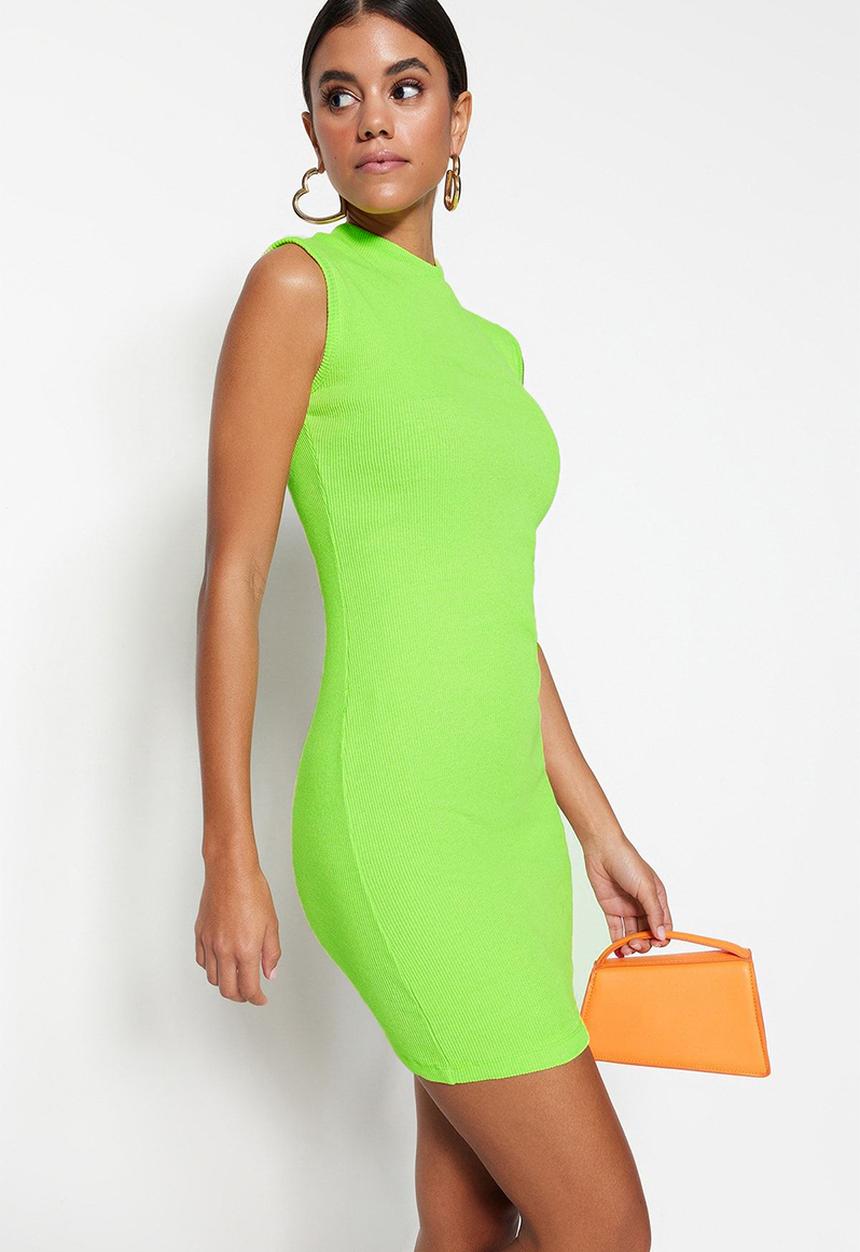 Trendyol - Sleeveless Crew Neck Mini Knit Dress - Lime