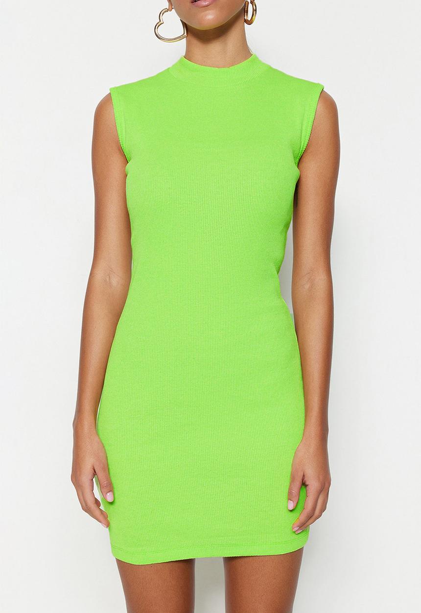 Trendyol - Sleeveless Crew Neck Mini Knit Dress - Lime