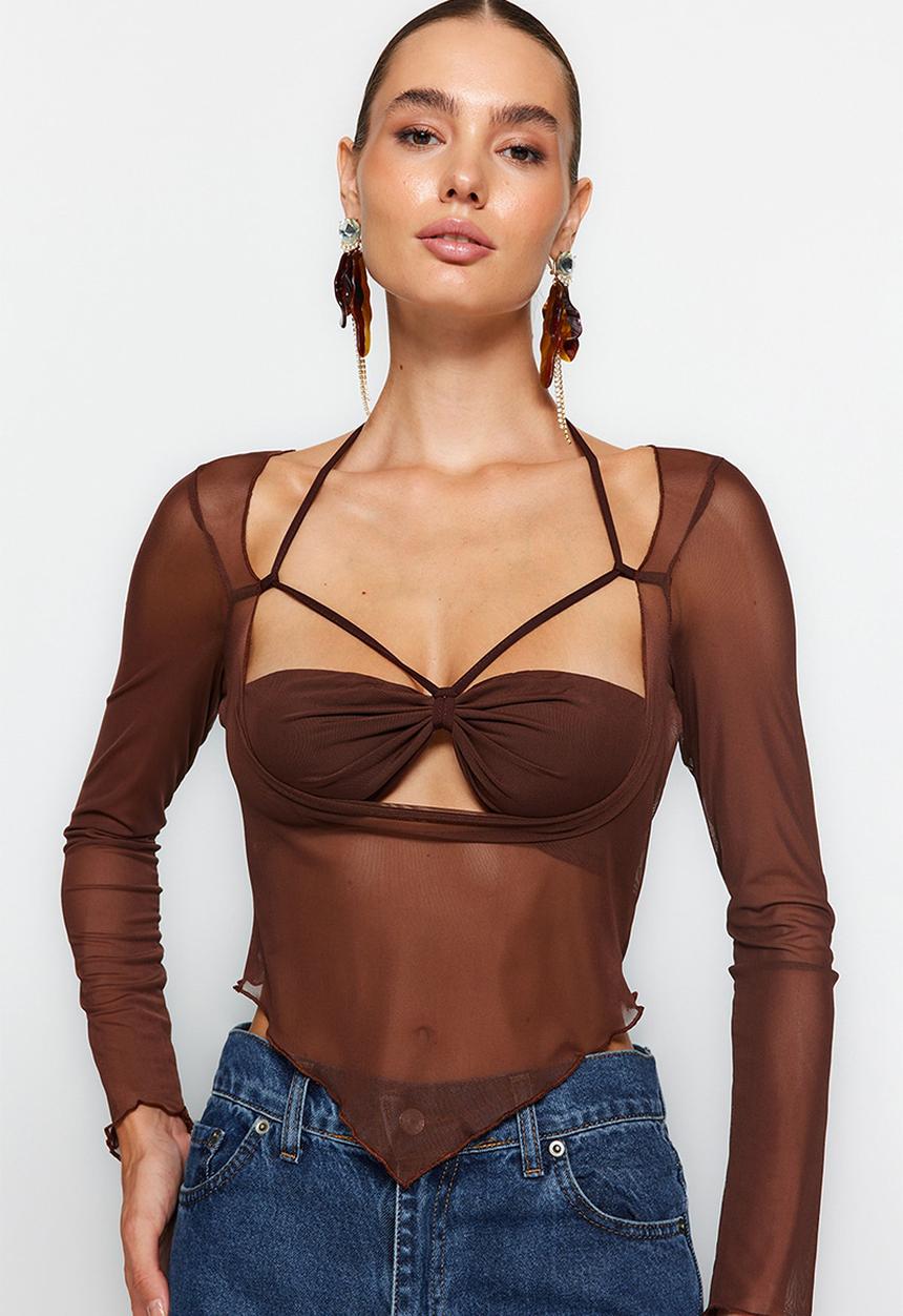 Trendyol - Cut out/window detail tulle blouse - brown