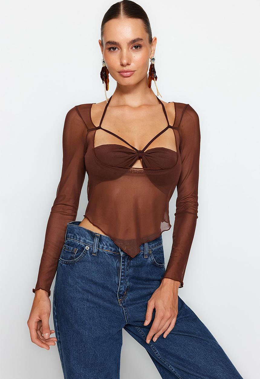 Trendyol - Cut out/window detail tulle blouse - brown