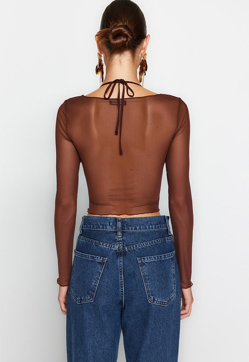 Trendyol - Cut out/window detail tulle blouse - brown