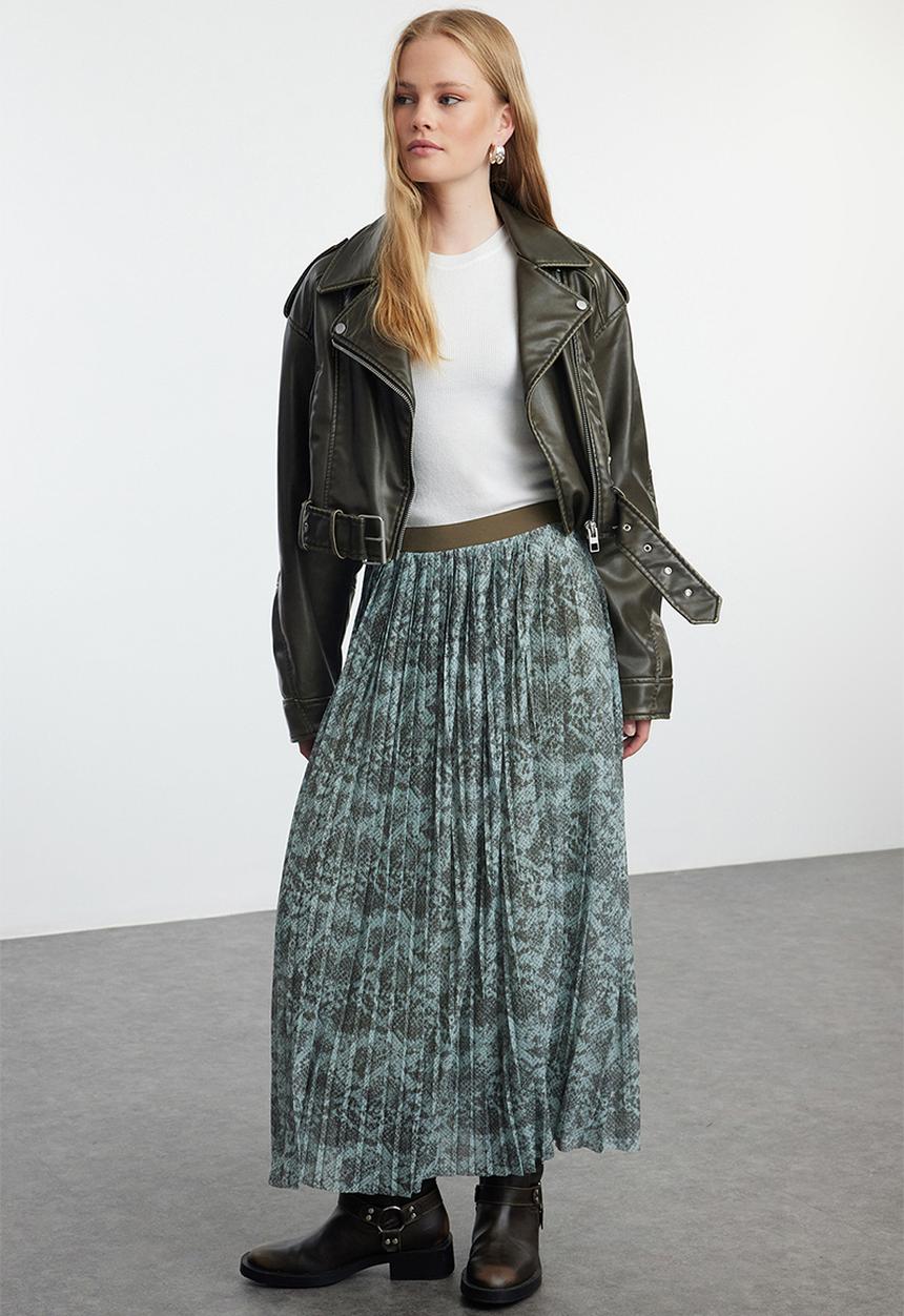 Trendyol - Pleated Abstract Midi Skirt - Multicolored