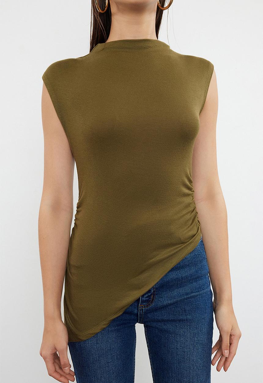 Trendyol - Draped detailed asymmetrical knitted top - khaki