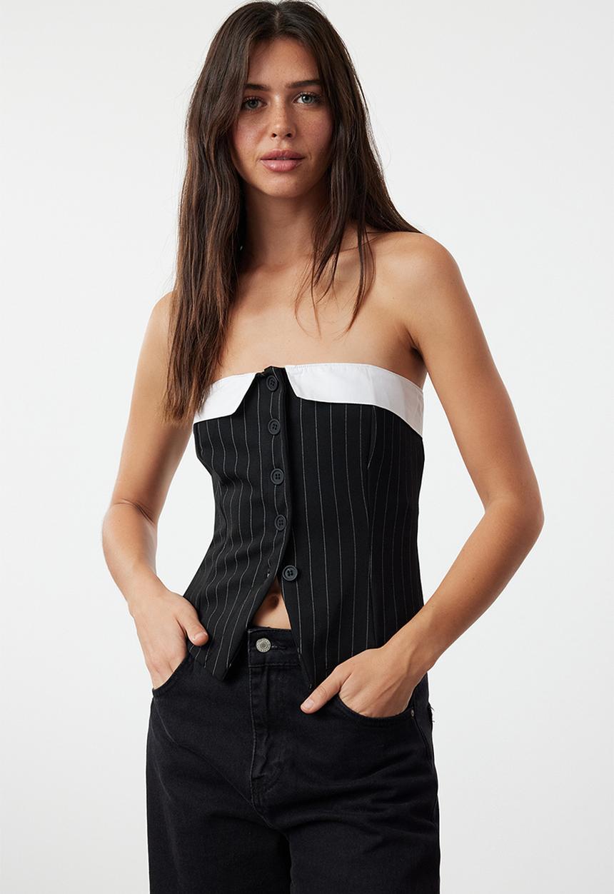 Trendyol - Striped strapless buttoned fitted stretchy knitted top - black