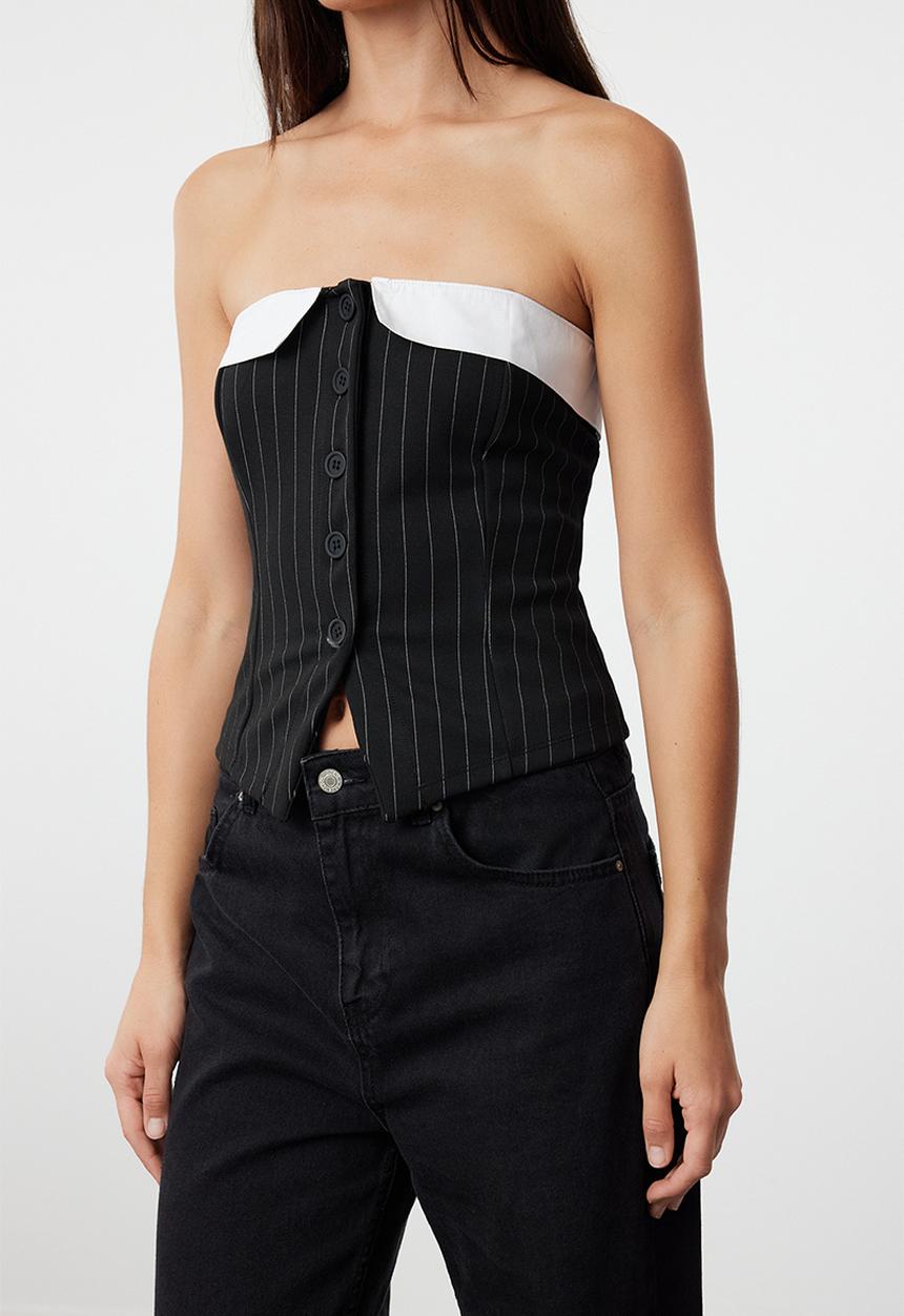 Trendyol - Striped strapless buttoned fitted stretchy knitted top - black