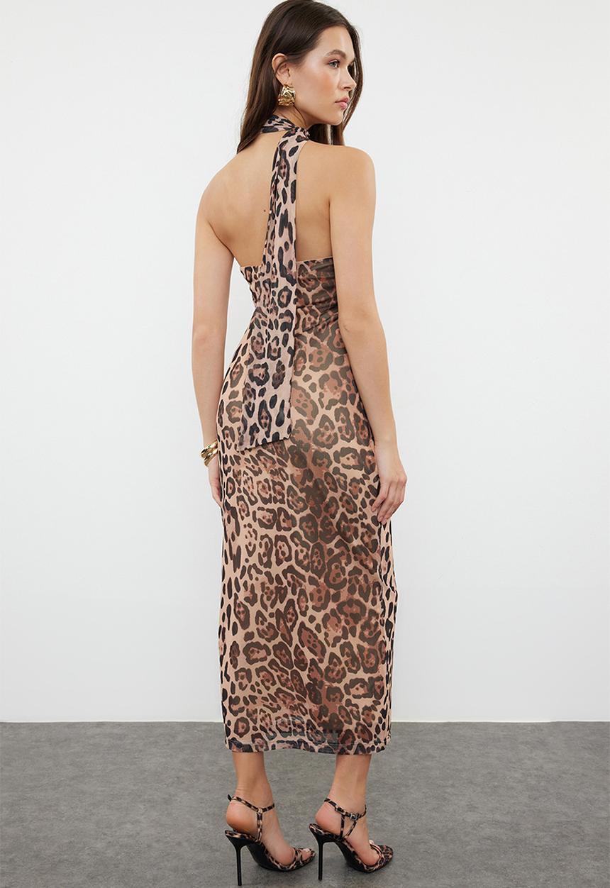 Trendyol - Leopard Print Halter Neck Fitted Tulle Knitted Midi Pencil Dress - Brown