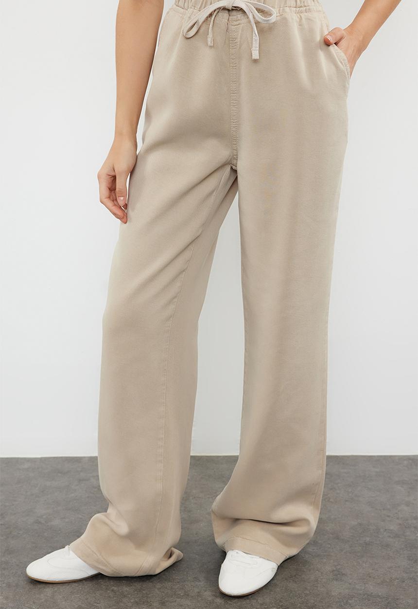 Trendyol - High Waist Pants with Elastic Waist - Beige