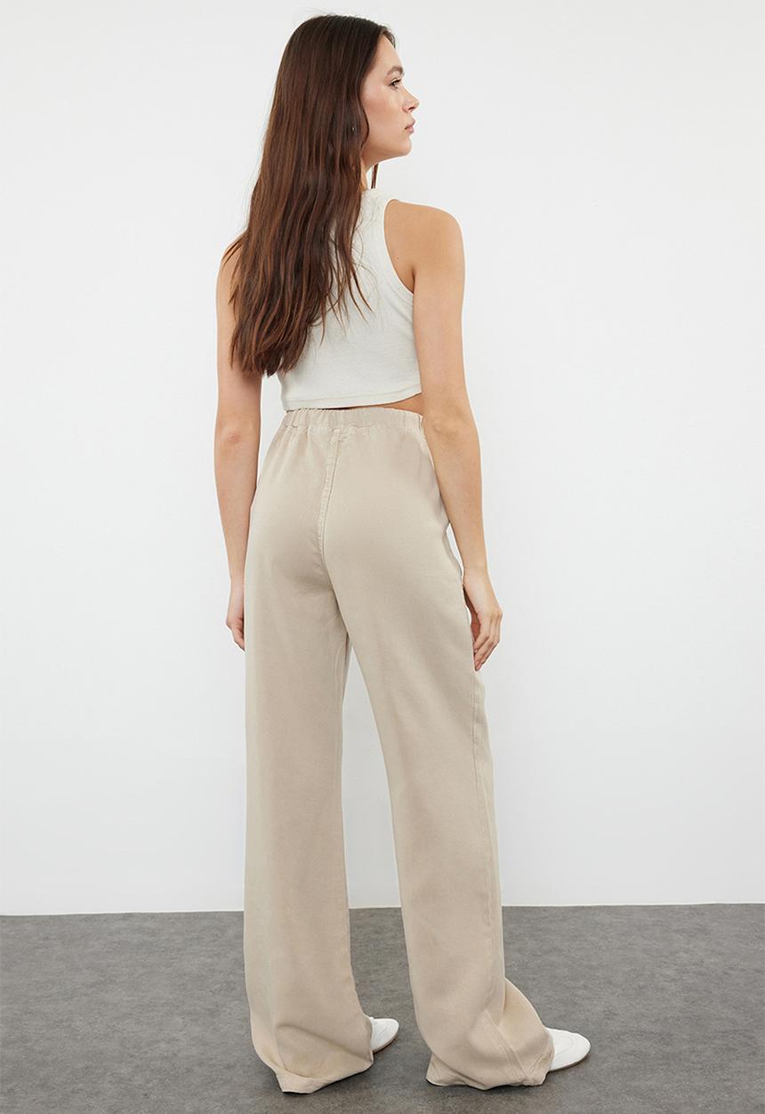 Trendyol - High Waist Pants with Elastic Waist - Beige