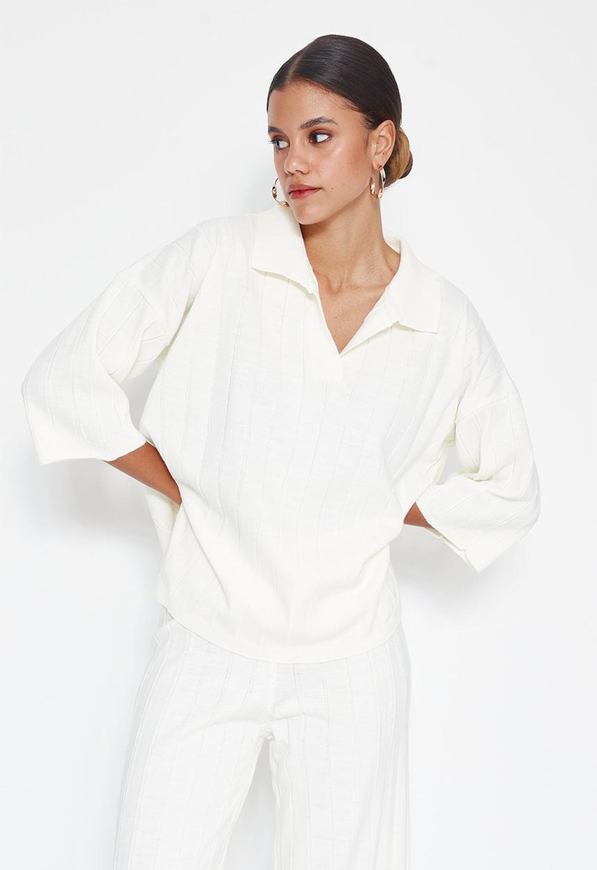 Trendyol - Basic Corded Knitwear Top and Bottom Set - Ecru