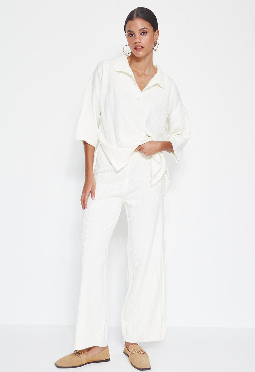 Trendyol - Basic Corded Knitwear Top and Bottom Set - Ecru