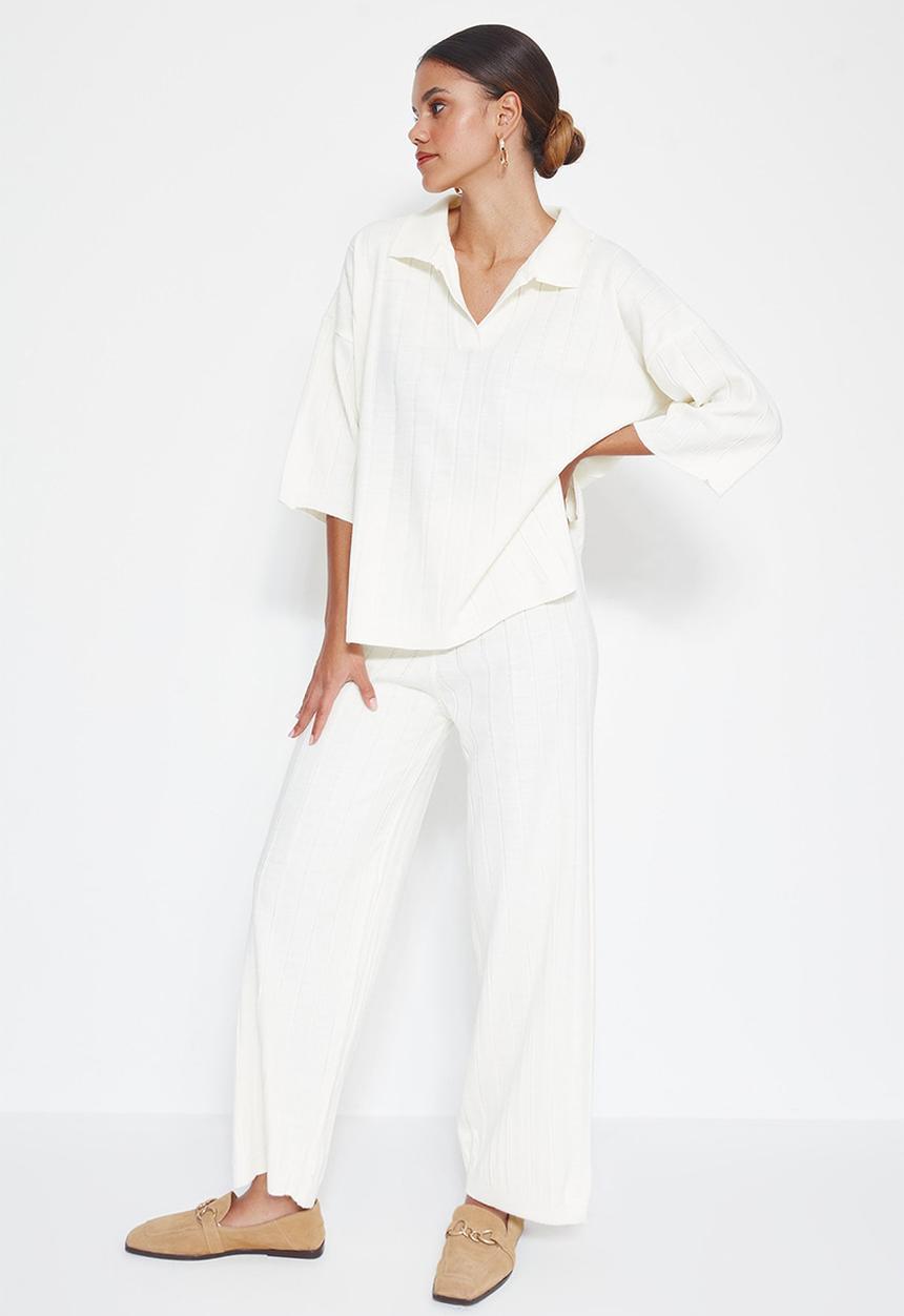 Trendyol - Basic Corded Knitwear Top and Bottom Set - Ecru