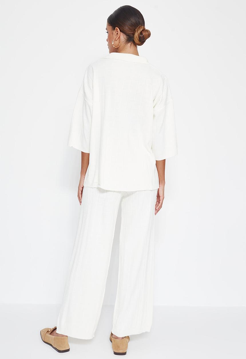Trendyol - Basic Corded Knitwear Top and Bottom Set - Ecru