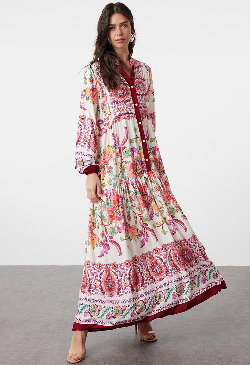 Trendyol - Floral Viscose Dress - Burgundy