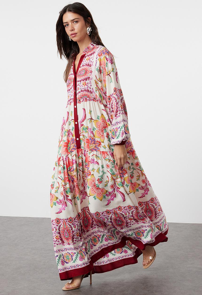 Trendyol - Floral Viscose Dress - Burgundy