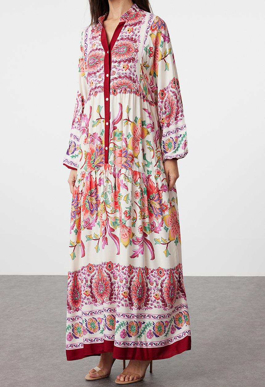 Trendyol - Floral Viscose Dress - Burgundy