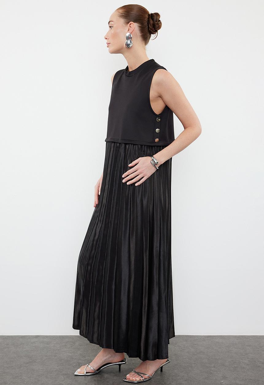 Trendyol - Pleated Satin Undershirt Dress - Black