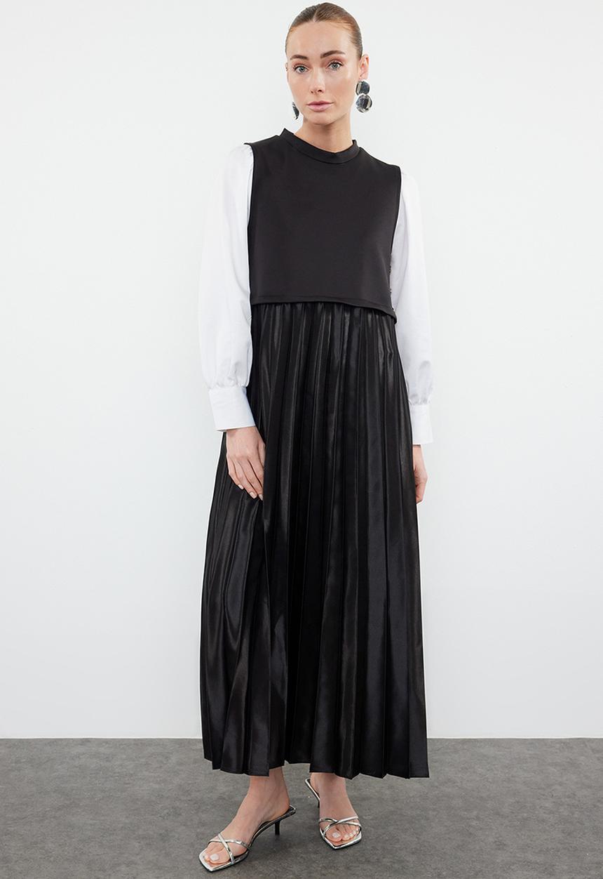 Trendyol - Pleated Satin Undershirt Dress - Black