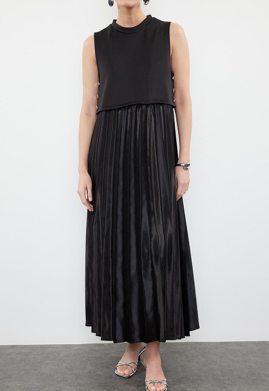 Trendyol - Pleated Satin Undershirt Dress - Black
