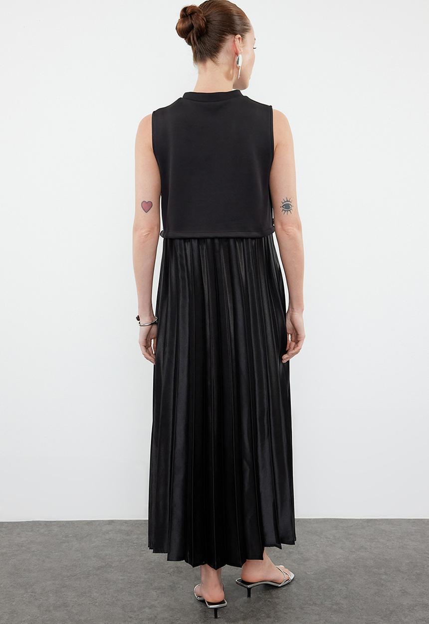 Trendyol - Pleated Satin Undershirt Dress - Black