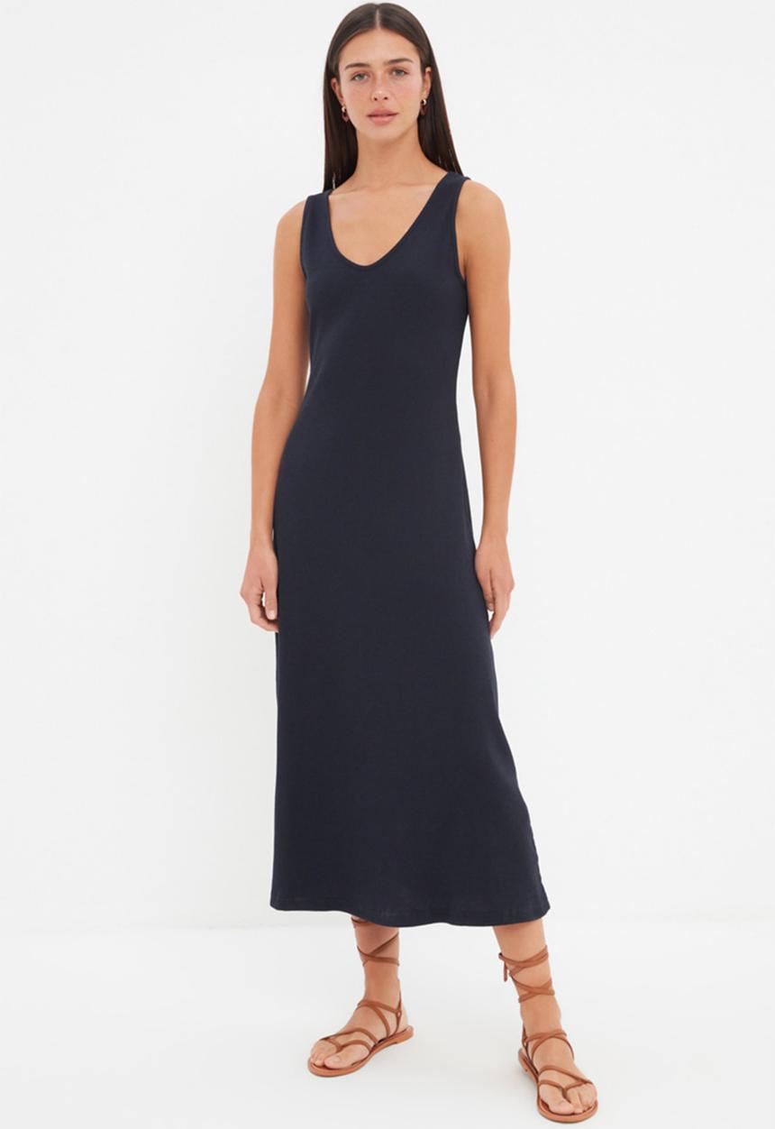 Trendyol - Ribbed A-Line Midi Dress - Navy