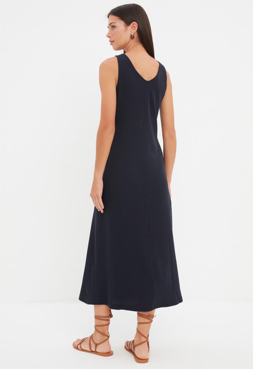 Trendyol - Ribbed A-Line Midi Dress - Navy
