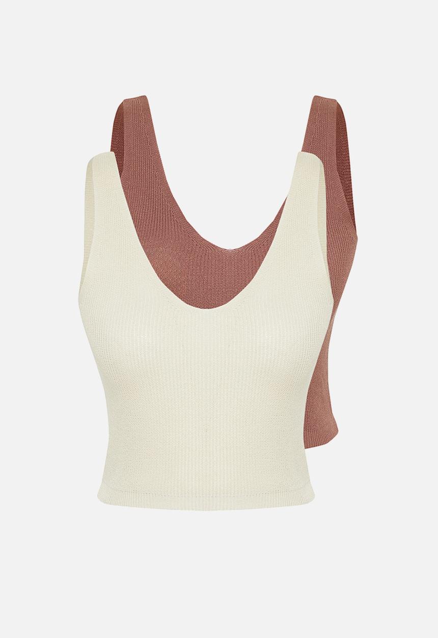 Trendyol - 2-Pack Knitwear Thin Blouse - Dusty Rose/Ecru