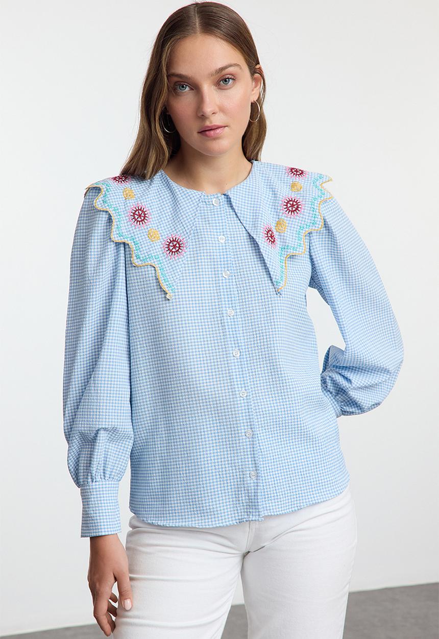 Trendyol - Embroidery Detailed Balloon Sleeve Woven Shirt - Blue