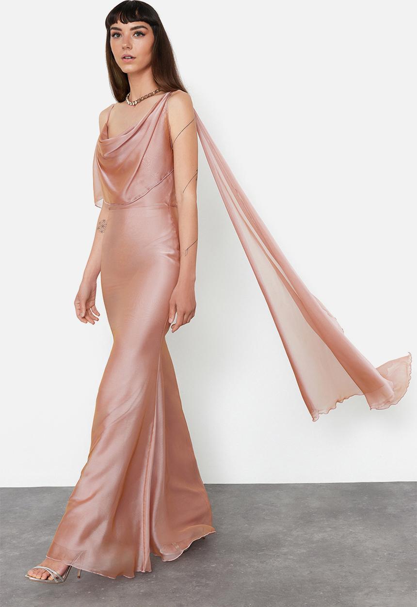 Trendyol - Carmen Collar Woven Chiffon Long Elegant Evening Dress - Pink