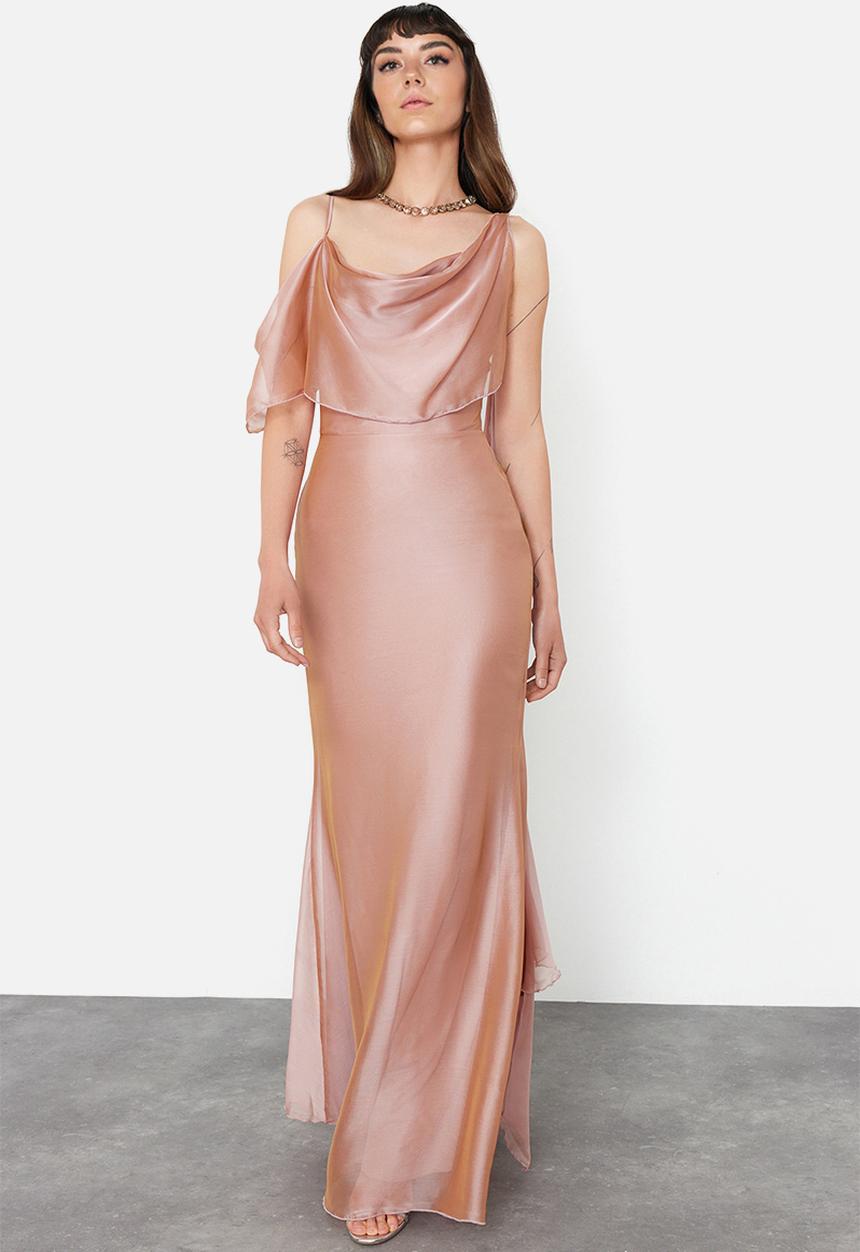 Trendyol - Carmen Collar Woven Chiffon Long Elegant Evening Dress - Pink