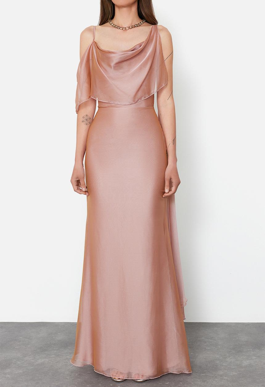 Trendyol - Carmen Collar Woven Chiffon Long Elegant Evening Dress - Pink