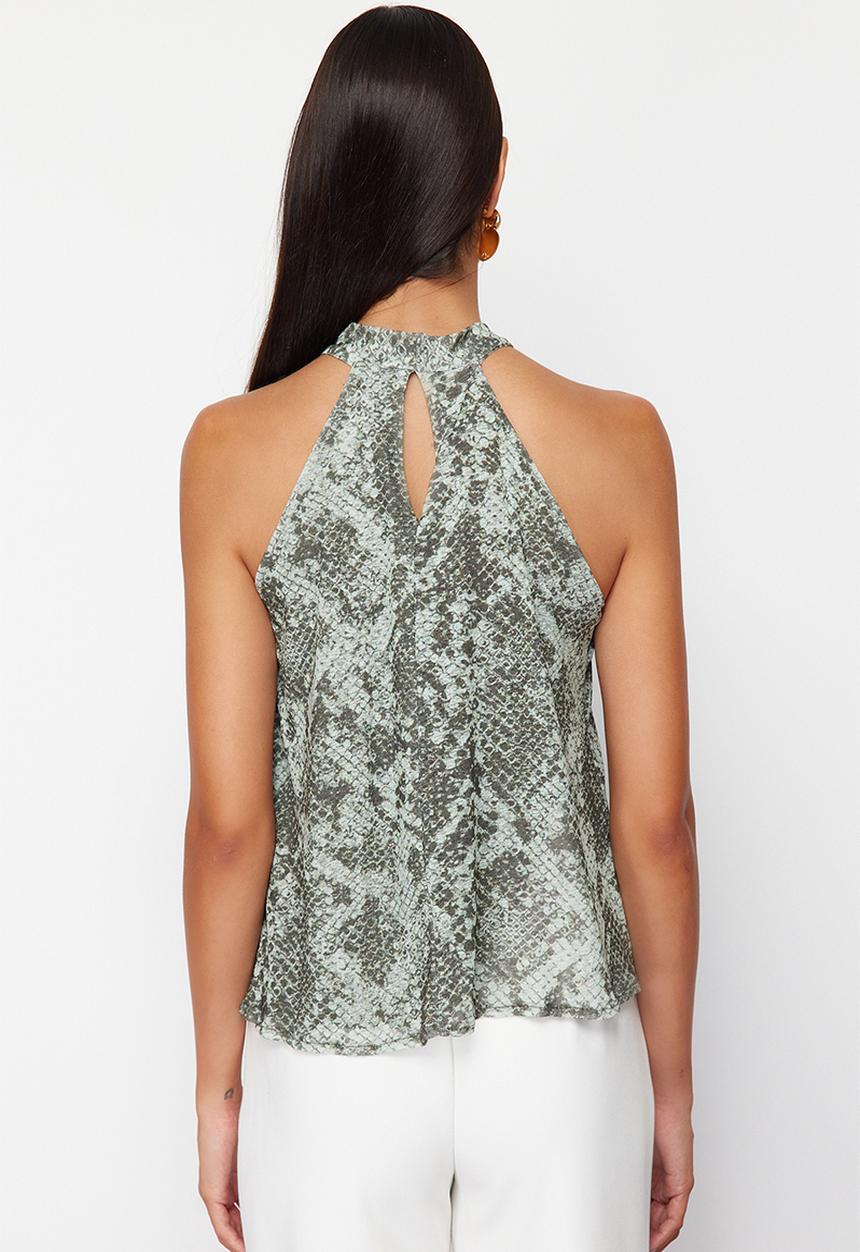 Trendyol - Snake Printed Blouse with Tie - Khaki