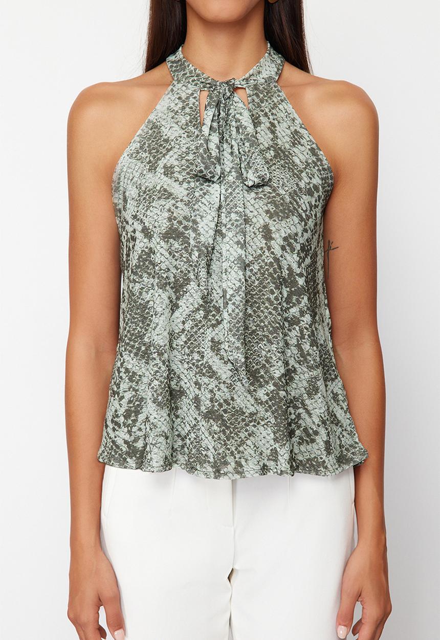 Trendyol - Snake Printed Blouse with Tie - Khaki