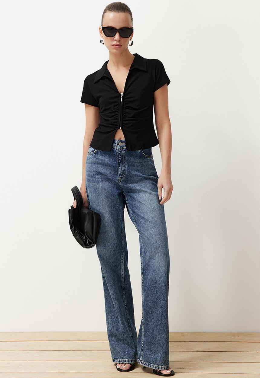 Trendyol - Polo neck gathered zippered top - black