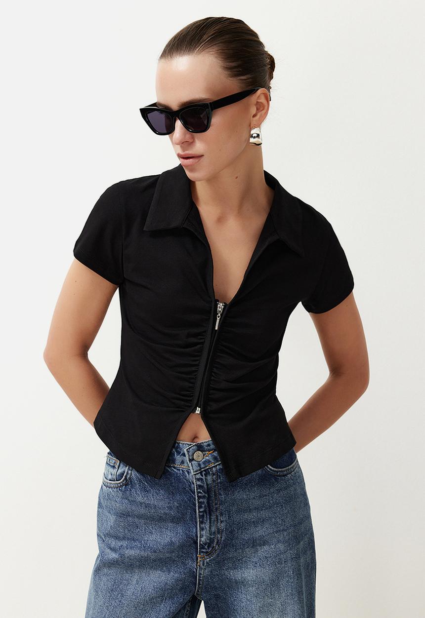 Trendyol - Polo neck gathered zippered top - black