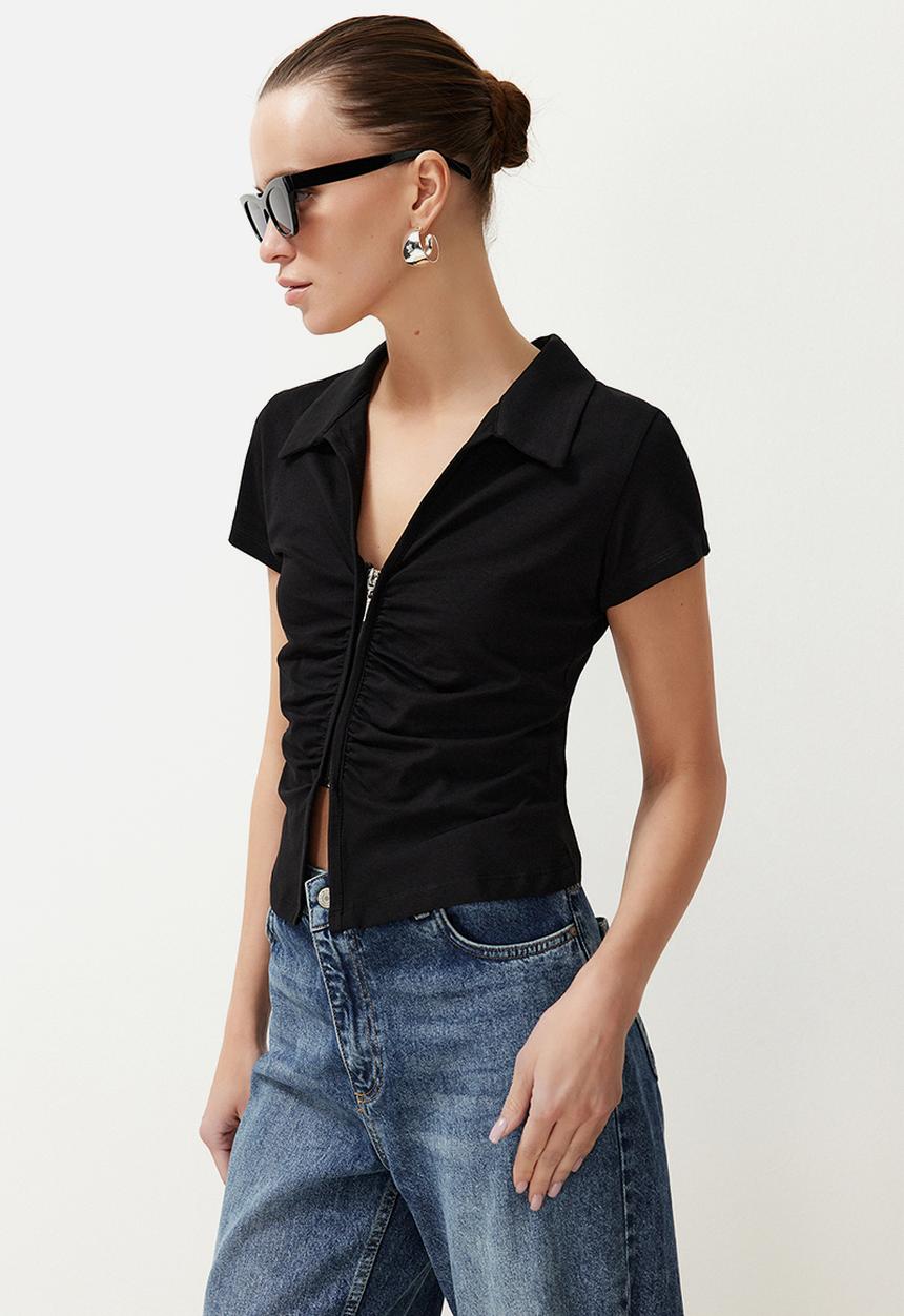 Trendyol - Polo neck gathered zippered top - black